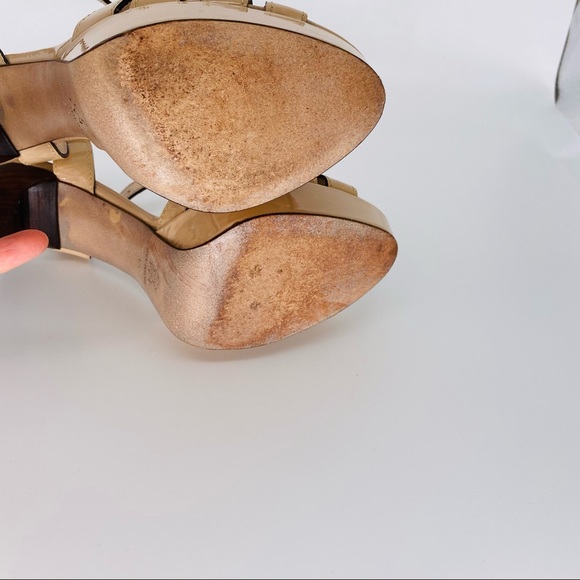Gaston Lucioli Sandals Platforms and 5” Heels Tan Patent Leather Size 8 - Picture 13 of 14